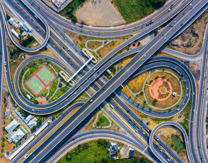 Aerial view of traffic on massive highway intersection.